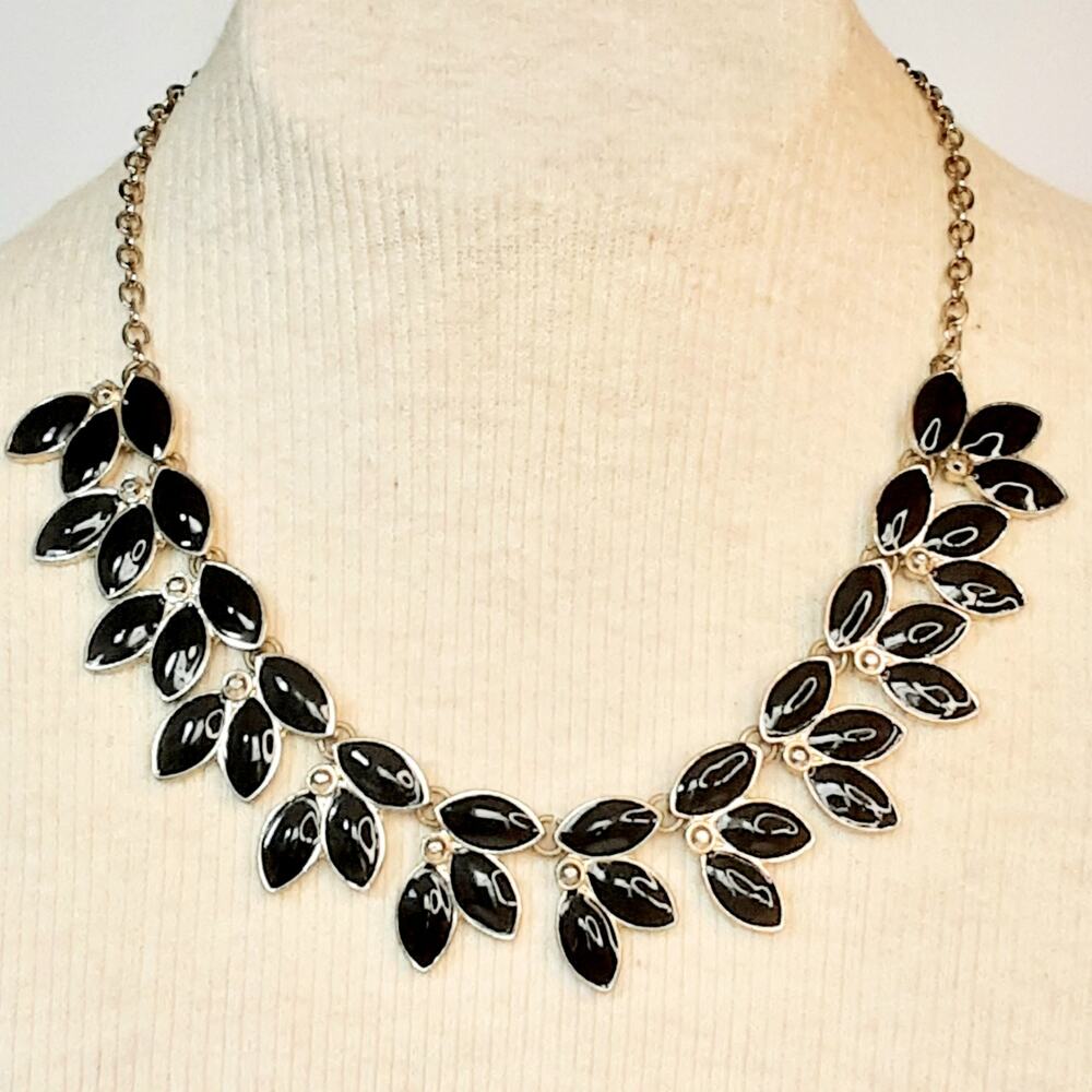 Womens Black Enamel Gold Tone Floral Bib Necklace Adjustable Extension Chain